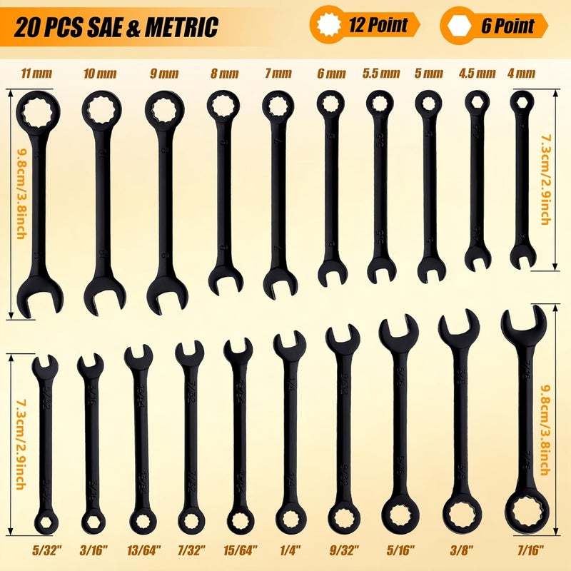 LEONTOOL طقم مفاتيح ربط ميني مقاس متري و SAE مكون من 20 قطعة، مفاتيح إشعال، 4 مم-11 مم و 5/32"-7/16"، طقم مفاتيح مفتوحة ونهاية صندوقية، مفتاح صغير فائق النحافة مع حقيبة بسحاب وحلقة مفاتيح، أسود - Image 4